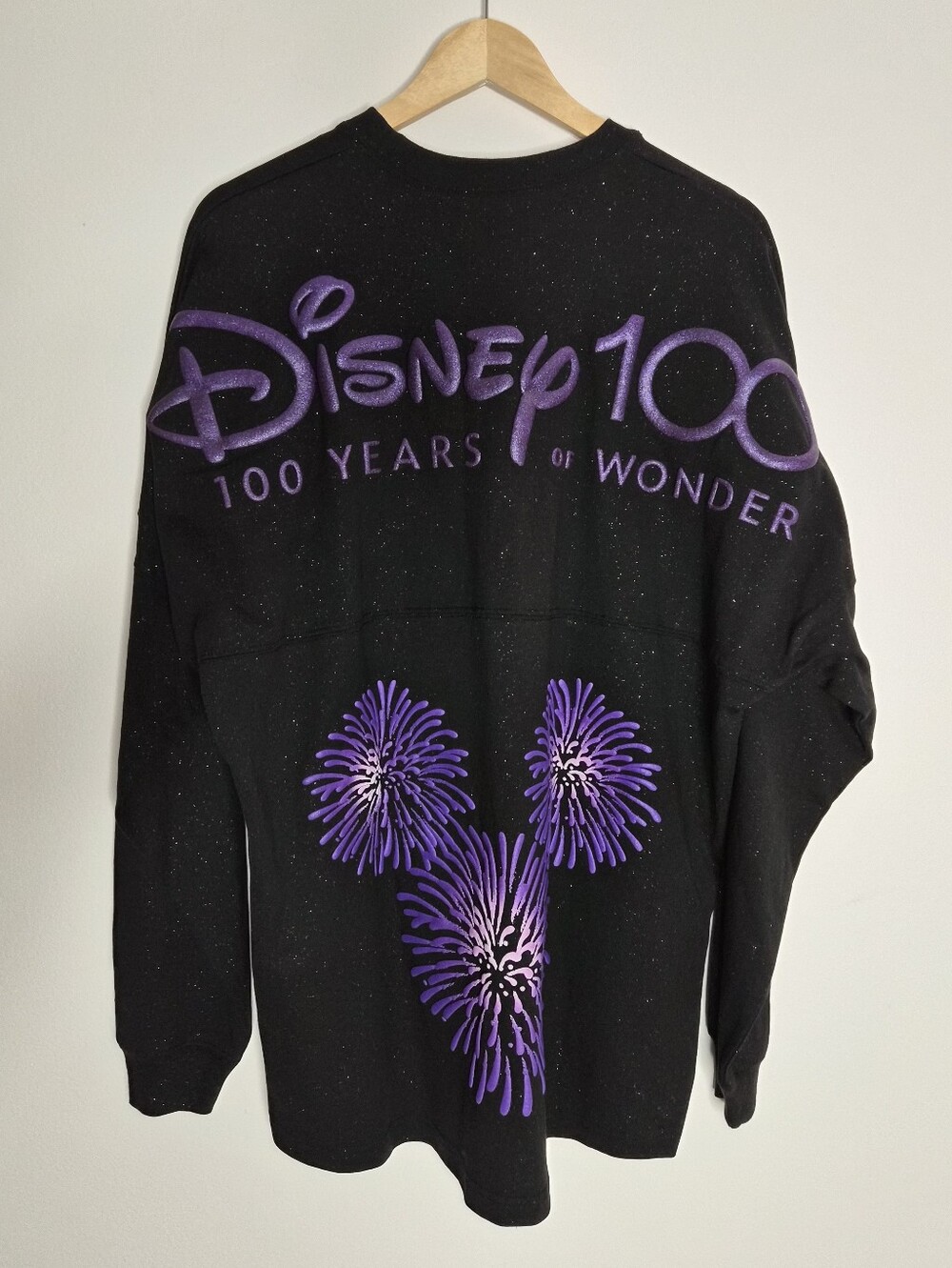 Disney NWT 100 Years of Wonder Spirit Jersey Black Purple Fireworks L